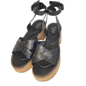 Franco Sarto Black Croc Platform Wedge Sandals 10 Sabello Cork Chunky Boho Retro